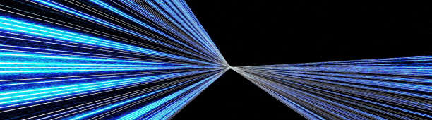 Abstract digital artwork featuring bright blue and cyan light streaks radiating from a central point on a solid black background.