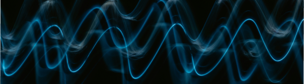 Abstract digital background featuring glowing blue and white smoke-like wavy lines on a solid black backdrop.